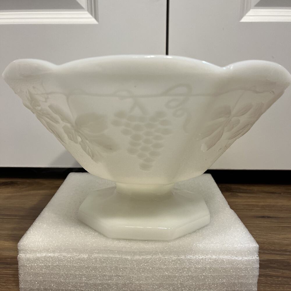 Vintage Anchor Hocking Milk Glass Large Footed Serving Bowl mid century 1950s